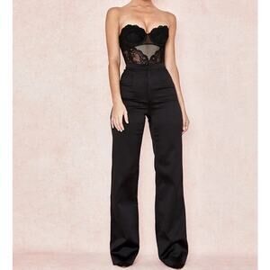 House Of CB Amalia Trouser Tux Pants High Waisted Wide Leg Satin Black Size Med